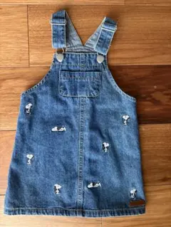 petit main スヌーピー刺繍 オーバーオールワンピース