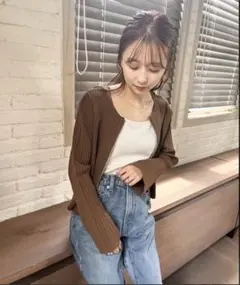 ローリーズファーム クロップドＺＩＰニットカーディガン 茶系 ブラウン Fサイズ