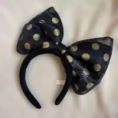 ディズニーランド シー 黒 ゴールド 水玉リボンカチューシャ デカリボン ミニー