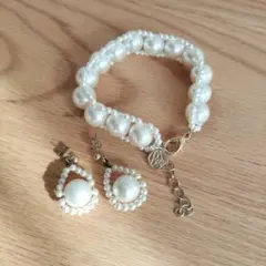 ホワイトパール調 ビーズ ブレスレット ピアス セット