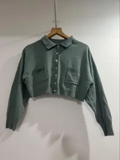 【Wcloset】ショート丈 襟付きカーディガン　グリーン　秋