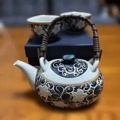 【新品・未使用】波佐見焼 西海陶器 龍庵窯 唐草桔梗 一服茶器セット 急須 湯呑
