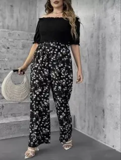 SHEIN プラスサイズ 花柄 オフショルダー フリルトリム オールインワンのサムネイル