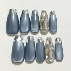 ネイルチップ ガラスフレンチ ブルーマグネット ワンホンネイル