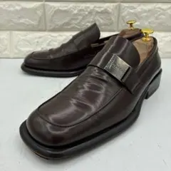 【良品】GUCCI グッチ ロゴプレート ローファー 42 スクエアトゥ 茶