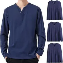 長袖tシャツ メンズ 3枚組 秋服メンズ tシャツ 綿100 ネイビー色3XL