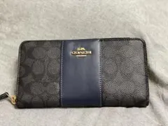 COACH コーチ長財布 ラウンドファスナー シグネチャー　ネイビー 箱付 美品