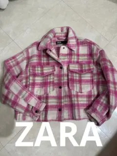 ZARA ザラ　春シャギーチェック柄ピンク茶色カラーボタンシャツジャケットSのサムネイル