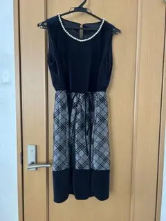 ネイビー パール装飾 チェック柄 パーティードレス M