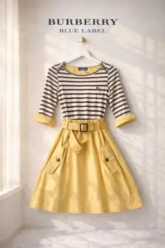 美品　バーバリーブルーレーベル　ロゴ刺繍　半袖　フリルワンピース　ウエストリボン 美品 バーバリーブルーレーベル ロゴ刺繍 半袖 フリルワンピース