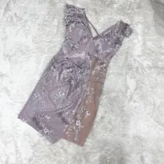 JEWELS キャバドレス　フラワー刺繍フェイクレースドレス　ピンク　L