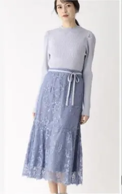 【美品】index ニットドッキングレースフレアロングワンピース S ブルー