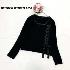 ボナジョルナータ　レディース　長袖ニット　セーター　リボン　フリー　ブラック　黒