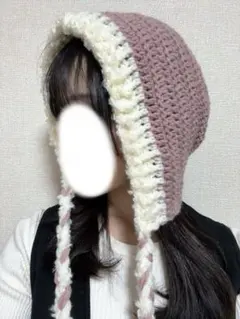 ボンネット帽子　バラクラバ　フード付き帽子　ピンク　白　ハンドメイド　シンプル