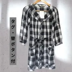 未使用タグ付 ノーカラー チェックシャツ チュニック 綿100%　QVC