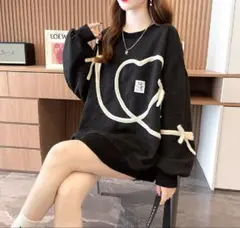 秋冬トレーナー　黒　ハート　リボン
