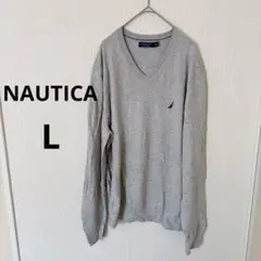 ✨️ノーティカ【L】Vネック ニット セーター グレー 刺繍ロゴ NAVTECH