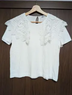 ZARA レース襟付きホワイト半袖Tシャツ