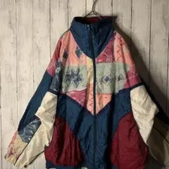 90s 古着 レトロ ナイロンジャケット ネイビー マルチカラー 個性的