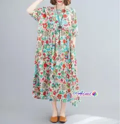 プリントワンピース レディース 着痩せ ラウンドネック ロング エレガント 半袖