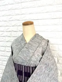 【美品】単衣 小紋 夏着物 普段着物 浴衣 おそらく麻混 グレー系