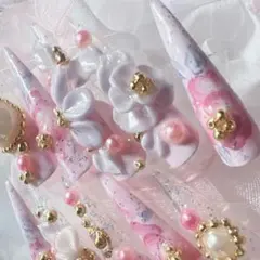 鬼ロング☆3D美華フラワーペイント紫&pinkジェル加工ネイルチップ