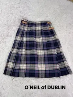 オニールオブダブリン　麻　タータンチェック柄スカート レザーバックル付　プリーツ