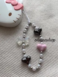 ビーズ ストラップ スマホ 韓国 ハート ブラック ピンク パール