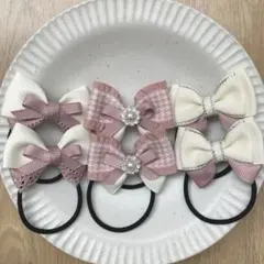 再販＊ハンドメイド キッズ リボン ヘアゴム＊くすみピンク×ラインストーンパール