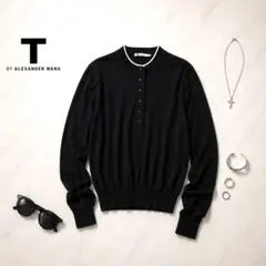 ティーバイアレキサンダーワン コットン100% ハイネック ボタン ニット　黒のサムネイル
