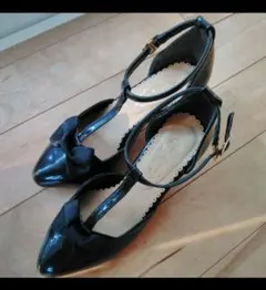 着用回数回　パンプス サンダル 黒 　リボン　サイズ２３cm