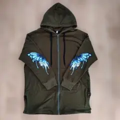 オリーブ色 蝶グラフィック ジップアップパーカー ロング丈 ジャケット 秋冬