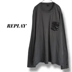 【リプレイ】カットソー　長袖　クルーネック　薄手　ロゴ　大きいサイズ　カーキ