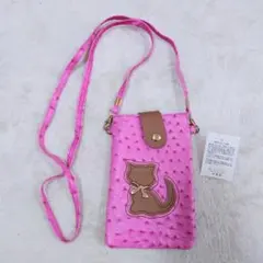 猫刺繍 ピンク スマホショルダーバッグ
