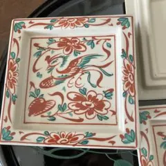 有田焼き　赤絵　仙木窯　花と鳥の模様 四角形皿 3枚セット　値下げ