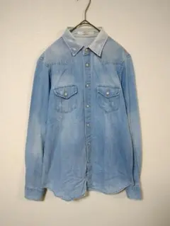 アズール　ダメージ加工長袖シャツ　レディースM　水色系　デニム風　綿100％
