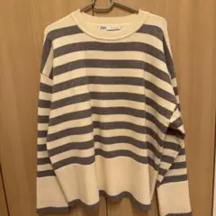ZARA アイボリーグレー　ボーダー　長袖ニット S