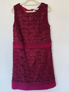 @【M】マーキュリーデュオ レース赤プリーツ ドレス ワンピース 赤　秋　冬