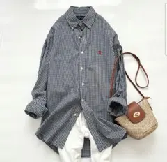 美品ラルフローレン　ネイビー　ギンガムチェック　長袖シャツ　ゆったりXS