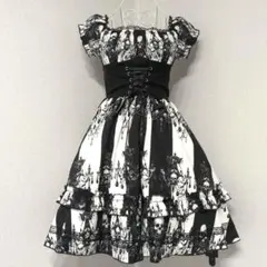 【スカル柄コルセット風半袖ワンピース】黒白髑髏骸骨パフスリーブゴスロリータY2K