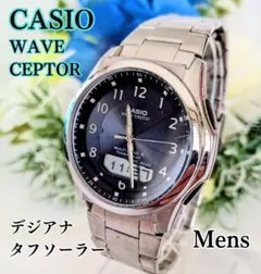 良品 カシオ メンズ腕時計ウェーブセプター ネイビーブルー電波ソーラー デジアナ