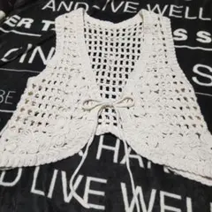 アイボリー かぎ針編み ニットベスト Lサイズ　RIVIETTA「8」