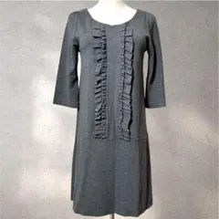 【グリーンレーベルリラクシング】チュニック/グレー/フリル/Uネック/七分丈