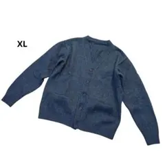 【美品】ウール100% Vネックカーディガン ダークグリーン 前ポケット XL