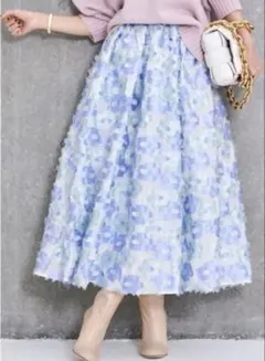 新品未使用　OBLI ブルーグリーンフラワーフレアスカート