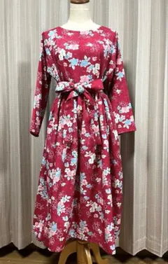 着物リメイク シンプル ワンピース 同布ベルト付き ハンドメイド 古布