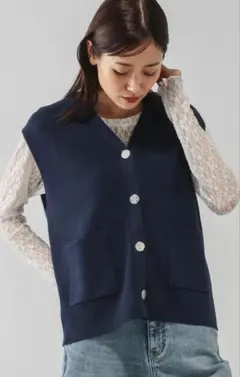 グローバルワーク さらさらアゼボタン ニットベスト ネイビー Mサイズ