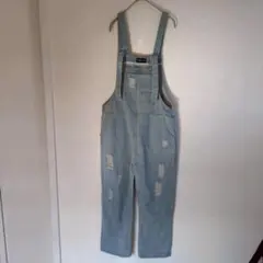 ライトブルー ダメージ加工 オーバーオール