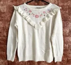 ニット　フリル　花刺繍　長袖　ガーリー　可愛い 春　Mサイズ
