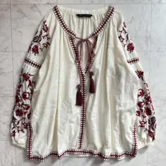 ZARA エスニック 花柄 刺繍 ブラウス チュニック　コットンリネン　フリンジ